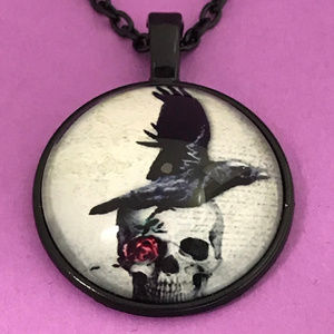Skull with Black Raven Hat Black Pendant Necklace